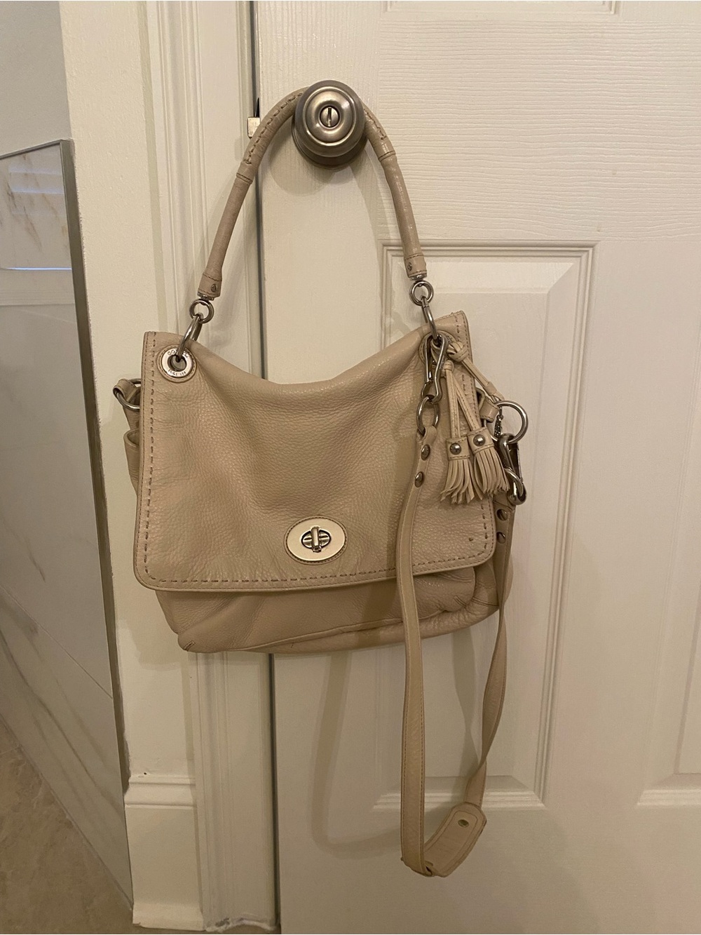 Coach Beige Leather Shoulder Bag with Tassel Accent